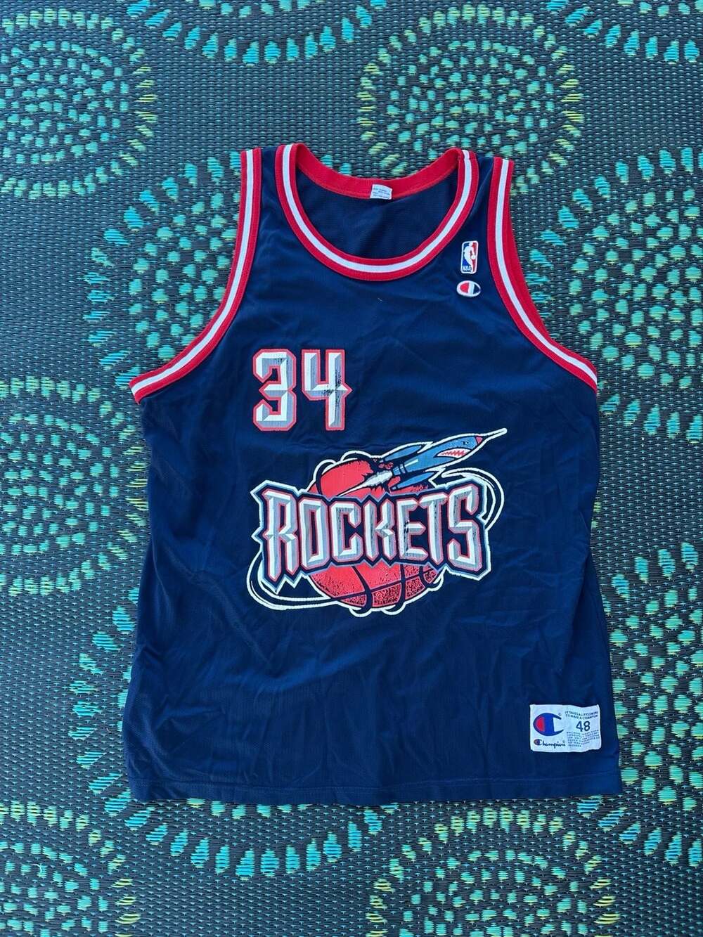Vintage 1990s Champion NBA Jersey Hakeem Olajuwon Houston Rockets #34 Size 48